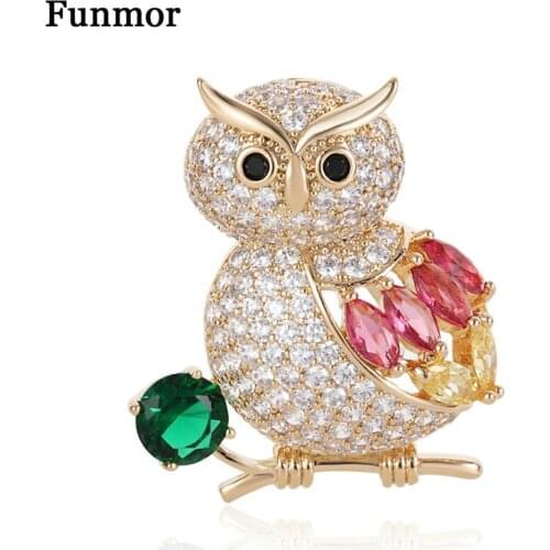 Funmor Delicate Small Owl Brooches Copper Full Zircon Pins For Women Girls Activity Daily Accessories Lapel Hat Ornaments Gifts
