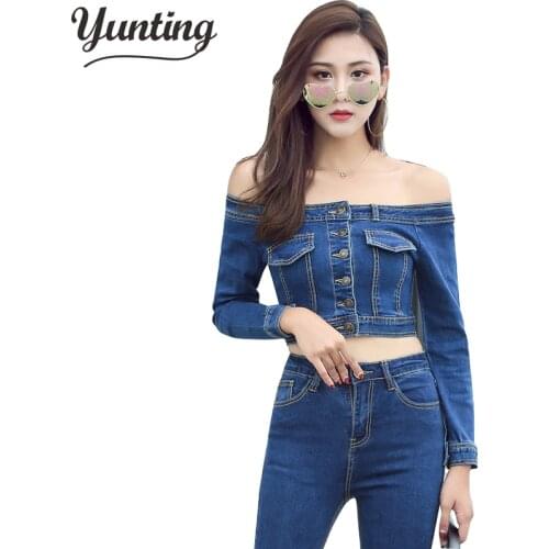 Spring And Summer New Style Street Fashion One-Line Neck Sexy Short Denim Jacket Women Slimming Jeans Jacket Women