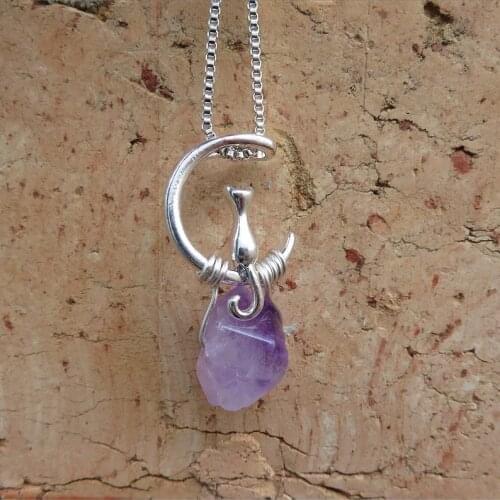 Cat Amethyst moon Necklace,Moon Cat Necklace, Cat Charm Necklace, Cat and Moon Gift, Cat Jewelry, Cat Lovers gift for her