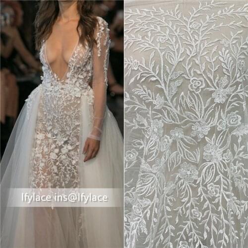 Lastest Fashion Rayon High Quality Off White Embroidery Lace Fabric DIY Sewing Bridal Wedding Gown Tulle Lace Fabric 1 Yard