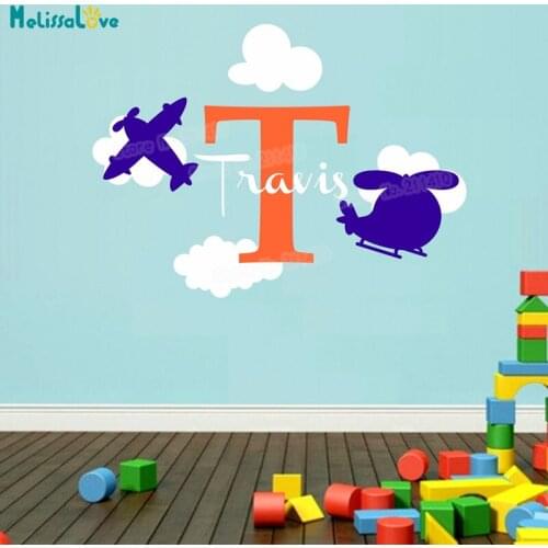 Airplane and Clouds Set Vinyl Decals with Personalized Name Wall Sticker Decor For Kids Baby Room Nursery Removable Murals YY986