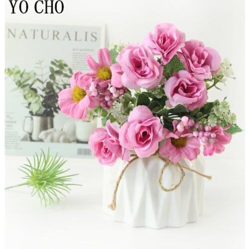 Crepe Silk Rose Pink Artificial Flowers Bouquet High Quality Daisy Home Living Room Accessories Wedding Table Decor Fake Flower