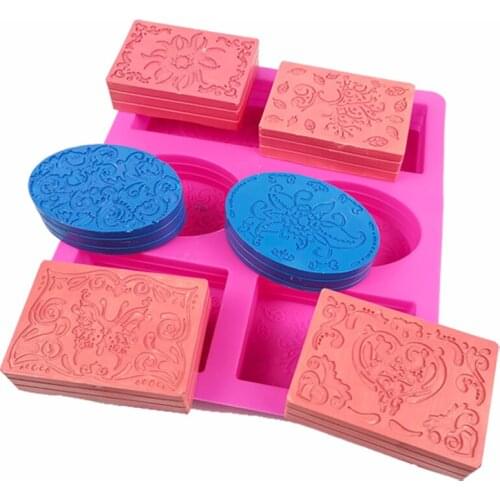 6 Holes Handmade Silicone Soap Mould Rectangular and Round Relief Pattern Cake Cupcake Pudding Candle Soap Making Supplies Tool
