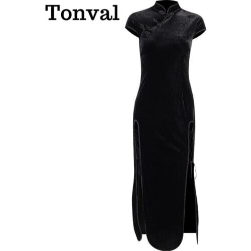 Tonval Stand Collar Vintage Buttons Chi-Pao Robe Velvet Long Dresses for Women Cap Sleeve Elegant Party Sexy Split Bodycon Dress