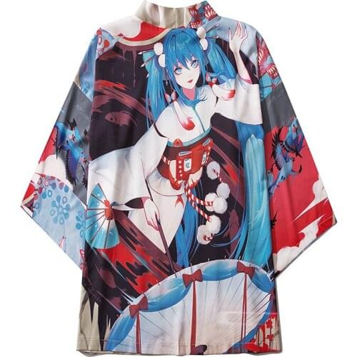 Spring Cartoon Printed Kimono Couple Yukata Male Samurai Costume Haori Obi Beach Mens Cardigan Japanese Streetwear Jacket