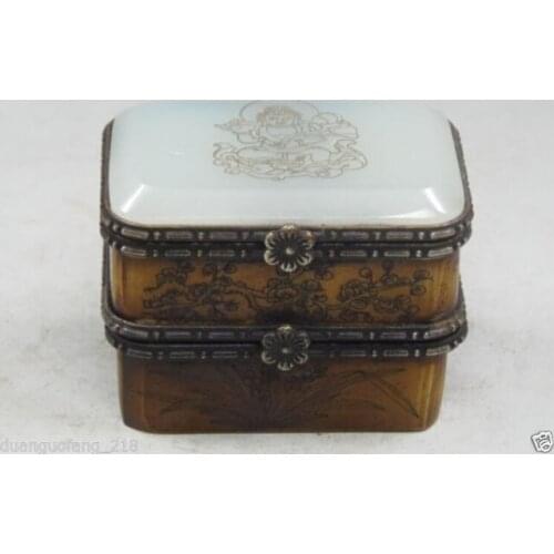 Vintage Handmade Old Artificial Bone Jade Buddha & Bird Double Jewelry Box