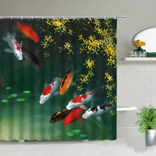Chinese Style Koi Fish Print Shower Curtain Bathroom Screen Waterproof Fabric Background Wall Decor Cloth Hanging Curtains Gifts
