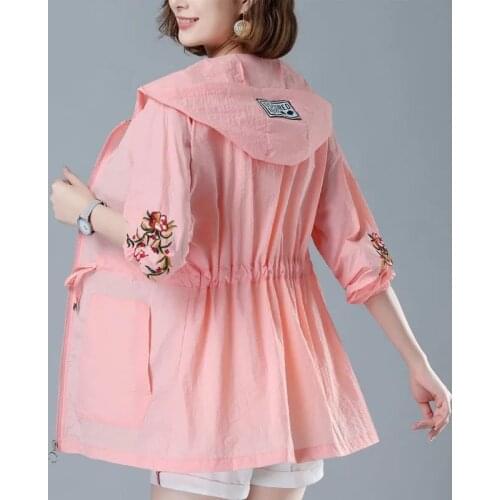 Summer Long Sun Protection Coat Women UV Protection Sun Protection Clothing Large size Loose Coat Hooded Embroidery Windbreakers
