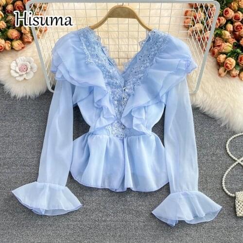 2021 autumn new female V-neck flare sleeve ruffles lace stitching chiffon shirts women pure color elegant waist mesh blouses