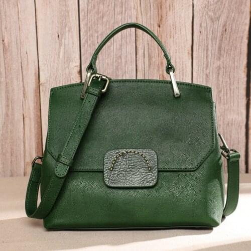 Woman Genuine Leather Handbag 2021 Winter Retro Handmade Women Tote Bag Cowhide Solid Green Color Leisure Lady Shoulder Bags Sac