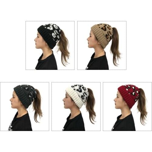 Women Winter Warm Knit Beanie Hat with Ponytail Hole High Messy Bun Leopard Jacquard Stretch Snow Ski Cuffed Skull Cap