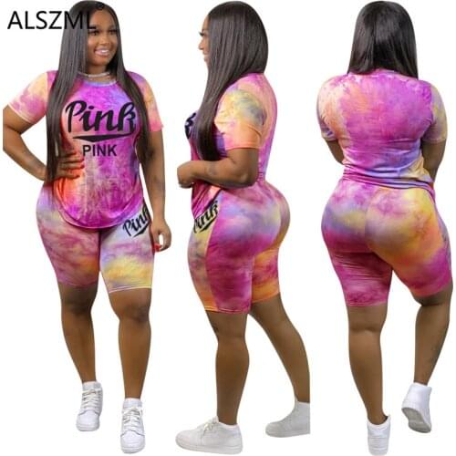 PINK letter print two piece set wholesale hot sale summer women o neck t-shirt tees and match shorts track suit outfit
