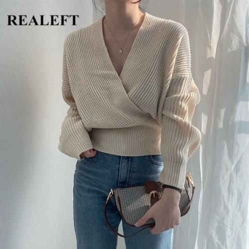 REALEFT Autumn Winter Front Cross V-Neck Womens Sweater 2021 New Casual Short Style Knitting Pullovers Knitwear Chic Tops