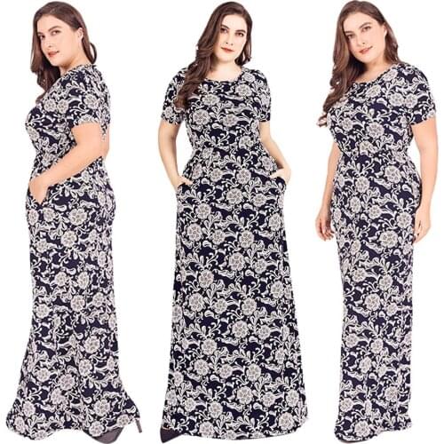 Plus Size Women Floral Print Long Maxi Dress Boho Bodycon Stretch Party Dresses Sheath Round Collar Pockets Ankle-Length Fashion