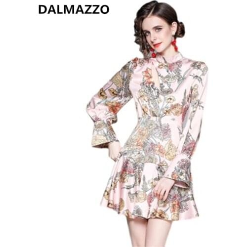 DALMAZZO Spring Summer France Vintage Women Print Slim Mini Dress 2021 Newest Elegant Lady Big Size A Line Vestidos Femme 2XL