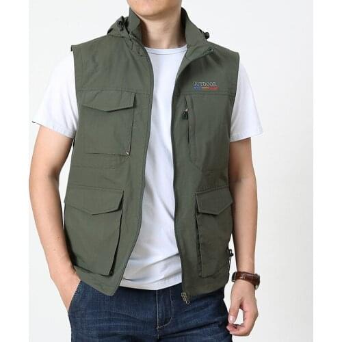 Multi-pocket vest mens stand-up collar detachable cap loose large size middle-aged and elderly vest sleeveless jacket men