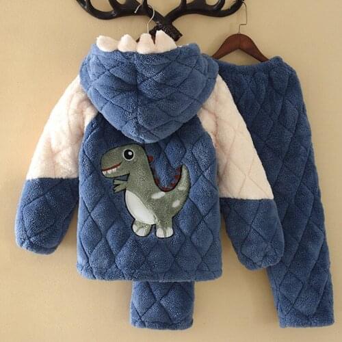 Winter New Boy And Girl Cartoon Pajamas Nightwear Three Layers Thick Coral Velvet Hooded Sleepwear Warm Flannel Kids Homewear