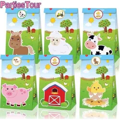 12pcs Farm Animals Party Bags Cow Paper Treat Bags Chick Gift Goodie Bags Farm Party Favor Bags with 18pcs Farm Paper Stickers