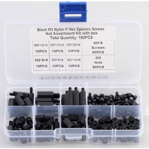 180pcs/Set Black M3 Nylon F Hex Spacers Screws Nut Assortment Kit with Box