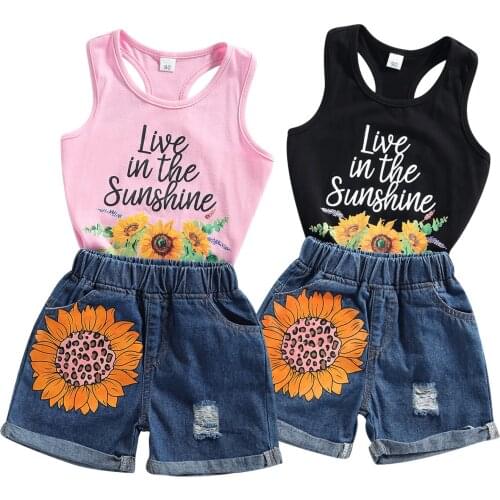 Toddler Girls 2Pcs Summer Outfits, Sleeveless Sunflower Letter Tank Tops + Denim Shorts Set