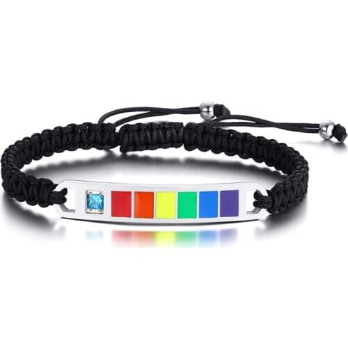 2021 LGBT Stainless Steel Curved Brand Inlaid Zircon Braided Rope Rainbow Couple Unique Creative Bracelet Suitable For Couples