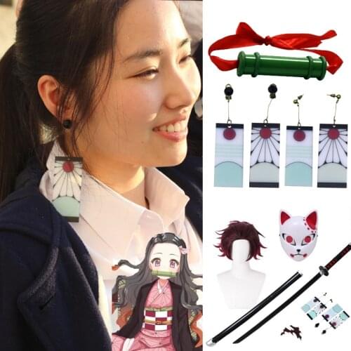 Anime Acrylic Drop Earrings Demon Slayer Kimetsu no Yaiba Blade of Ghost Earings Cosplay wig Kamado Tanjirou Nezuko wig tube NEW