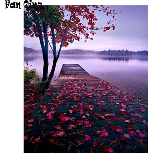 Full Square Drill DIY Diamond Painting Scenery Diamond Embroidery Picture Cross Stitch Round Mosaic Maple leaf bridge river fog