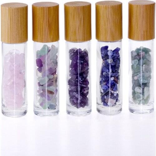 10ml Natural Gemstone Essential Oil Roller Ball Bottles Transparent Perfumes Oil Liquids Roll On Bottles with Crystal Chips