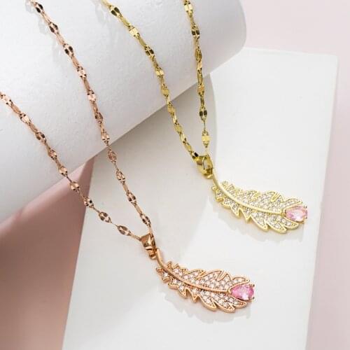 316L Stainless Steel Simple Feather Leaves Zircon Pendant Charms Chain Choker Necklace For Women Fashion Fine Jewelry SAN669