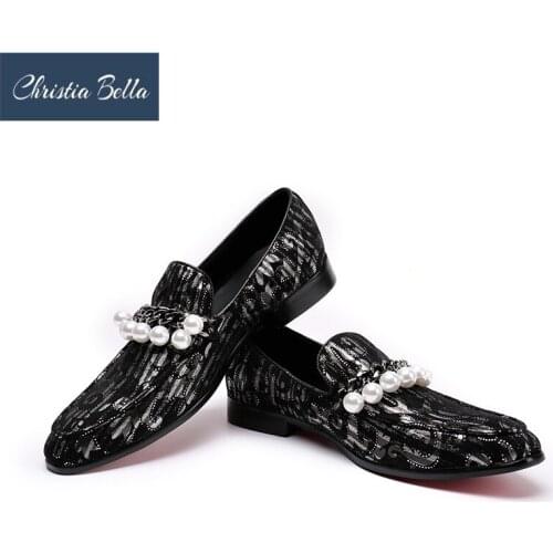 Christia Bella Punk Mens Floral Wedding Shoes Genuine Leather British Dress Formal Casual Pointed Toe Loafers with Pearl Chain