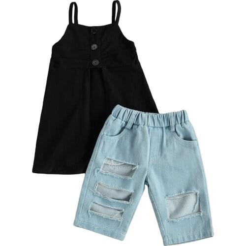 Citgeett Summer Fashion Kids Girls Suit Set Black U-Neck Sleeveless Long Tops+ High Waist Ripped Jeans Set
