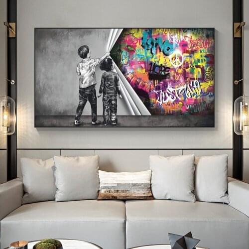 Kids Uncovering Curtain Canvas Painting Graffiti Art Poster Street Wall Art Prints Picture Living Room Home Cuadros Decor