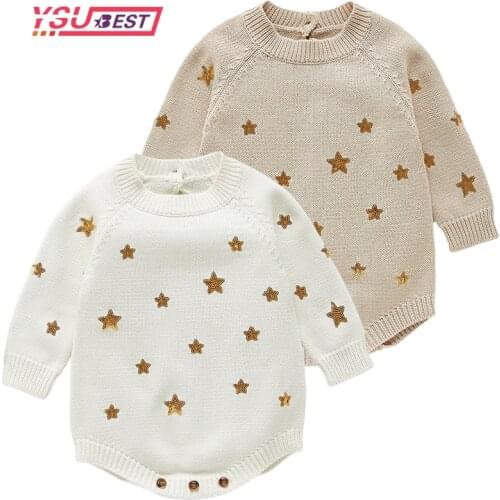 Baby Jumpsuit Cute Winter Infant Baby Girls Embroidery Star Rompers Clothing Kids Girl Long Sleeve Knit Rompers Clothes Cotton