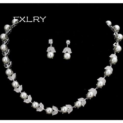 FXLRY Elegant White Color AAA+ Cubic Zirconia Stone Pearl Bridal Choker Necklaces Earring For Wedding Bride Jewelry Sets