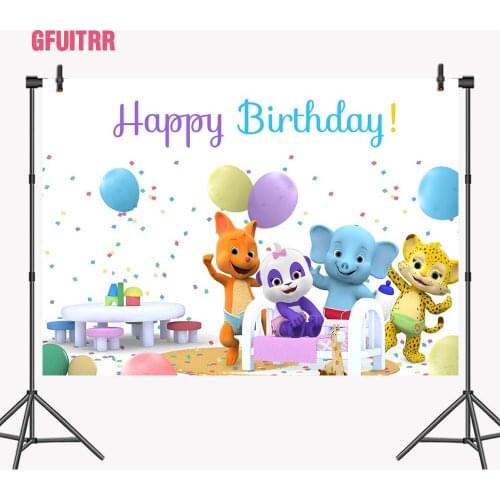 GFUITRR Word Party Happy Birthday Photo Backgrounds Fox Panda Tiger Elephant Balloons Photography Backdrops Cartoon Vinyl Banner