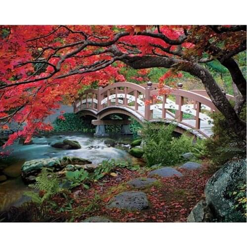 GLymg Full Square Diy Diamond Embroidery Diamond Painting Cross Stitch Bridge River Maple Mosaic Gift European Home Decor