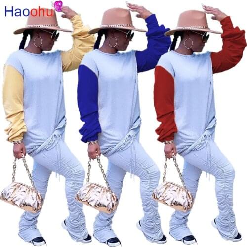 HAOOHU Sporty Sweatsuit Two 2Piece Set for Women Fitness Outfit Patchwork Sweatshit + Stacked Draped Pants Set Street Tracksuit