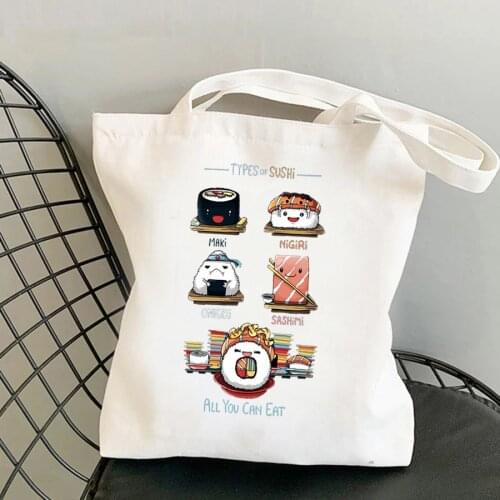 All You Can Eat Cute Sushi Print Canvas Bag Khaki Shopping Bag With Zipper Anime Women Vintage Shopper Shoulder Bags Korean Tote