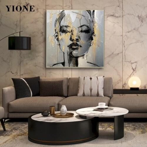 Abstract Woman Face Sketch Canvas Art Prints Custom Black and White Gold Figure Painting for Living Room Wall Picture Poster