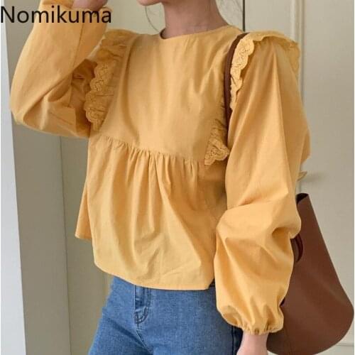 Nomikuma Korean Chic Blouse Women Embroidery Hollow Out Puff Sleeve Shirts O Neck 2021 Autumn New Vintage Tops Blusas Mujer