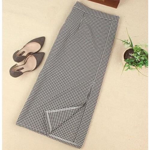 Plaid Split Side Summer Women Vintage Midi Skirt Casual Elegant High Waist A-line Fashion plus size