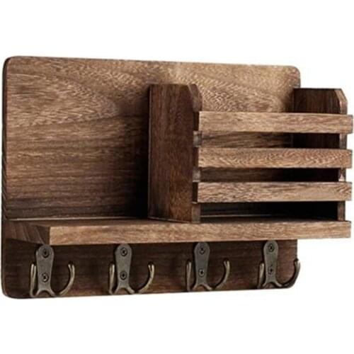 Hot Entryway Mail Envelope Organizer with 4 Key Hooks Wall Mounted, Rustic Wood Mail Holder Shelf with Key Hooks for Wall