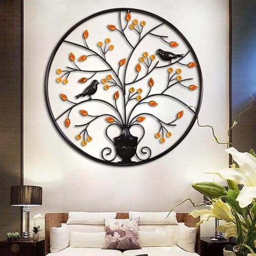 Wrought Iron Pendant Simple Circle Frame Vase Flower Birds Carved Craft Decor Wall Mounted Hanging Adornment Wall Art Pendant