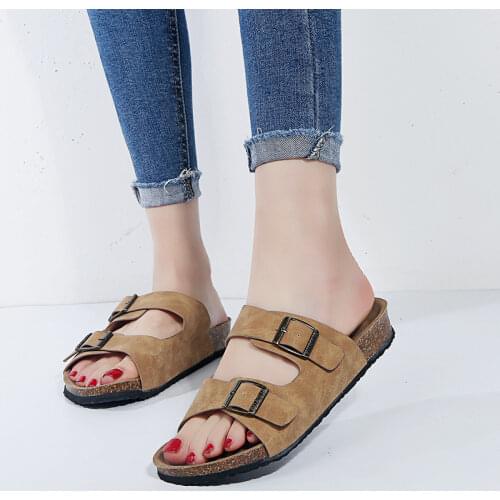 Zanpace 2019 Plus Size 44 Cork Slippers Flat whit Sandals Double Buckle Female Beach Shoes Casual Flip Flops Slip On Slides