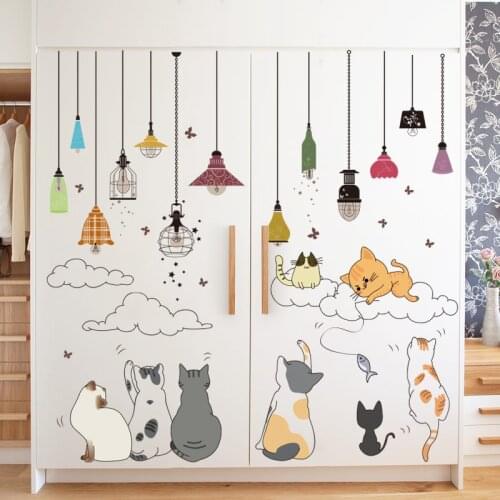 [shijuekongjian] Cats Animals Wall Sticker DIY Chandelier Lights Mural Decals for Kids Bedroom Living Room House Decoration