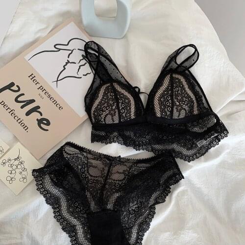 Comfortable bralette triangle cup thin underwear set lace sexy seamless bra set home wear clothes women lingerie panties