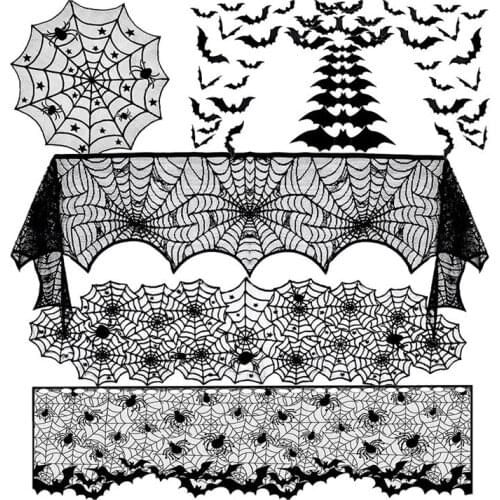 Halloween Decorations Black Spider Web Tablecloth Fireplace Scarf Lampshade And 3D Bat Wall Stickers For Halloween Decor