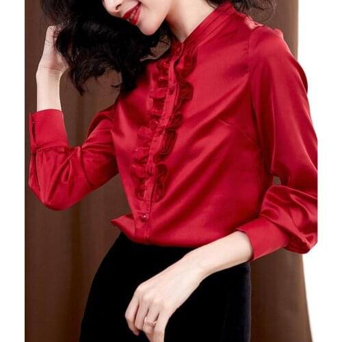 LIBERJOG Women Shirt Solid Color Lotus Leaf Edge Satin Long Sleeve Occupation Elegant Blouse Spring Autumn Female Tops