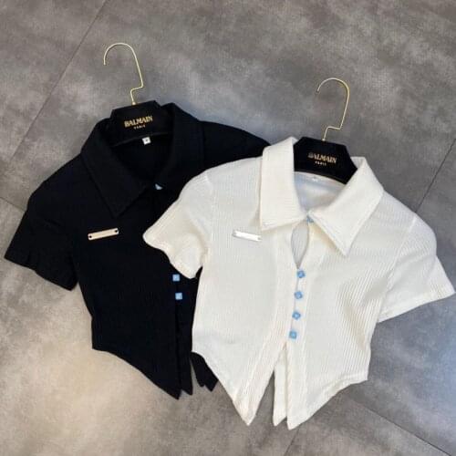 FABPOP 2021 Summer New Design Short Sleeve Turn Down Collar Bust Hollow Out Single Breasted Buttons Knitted T Shirt Women GB743