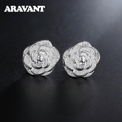 925 Silver Flower Stud Earring Women Rose Earrings Fashion Silver Jewelry